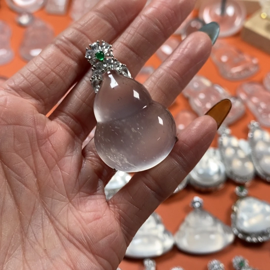 石英质玉银S925镶嵌颈饰黑钢雪花棉葫芦