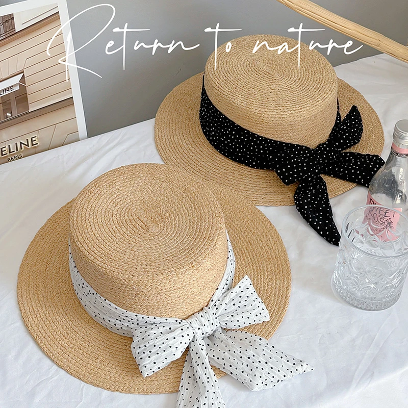 晚棠 拉菲草平顶平檐简约防晒草帽子女