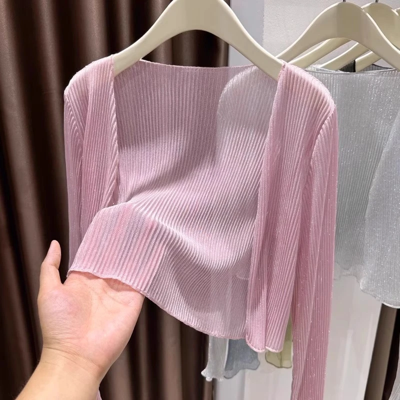 芊芊芙粉色多巴胺外搭披肩冰丝针织微透开衫女夏配吊带裙薄纱罩衫