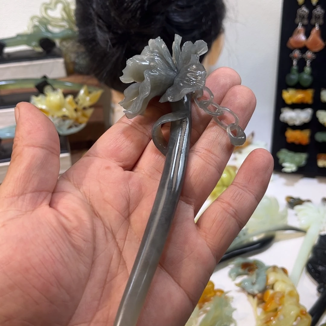 蛇纹石玉发簪合金小***悠