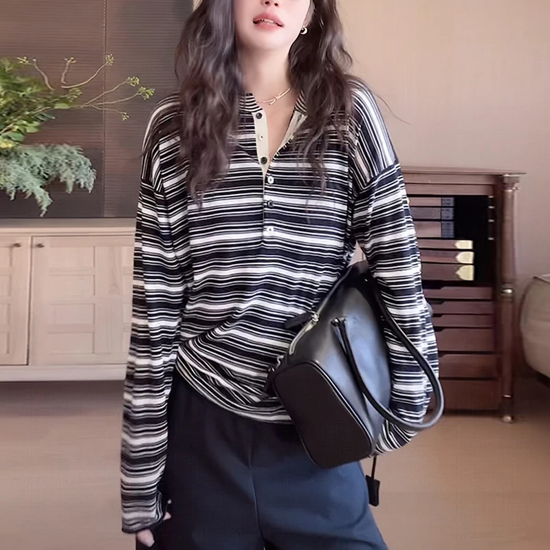 2025秋季新款条纹长袖T恤女宽松显瘦减龄立领洋气内搭打底上衣