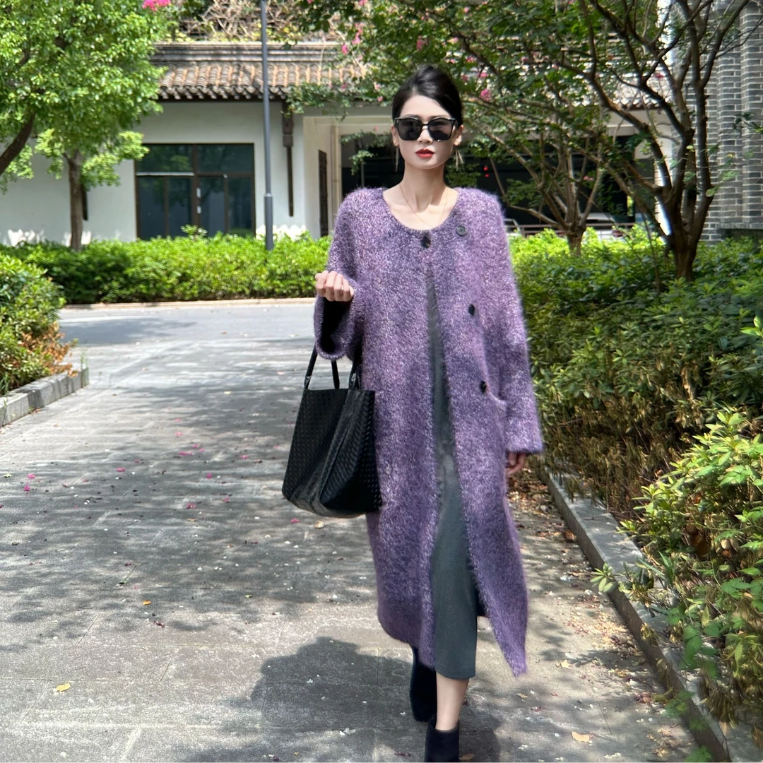 秋冬新款韩版宽松慵懒风毛衣外套女百搭洋气紫色针织开衫女中长款