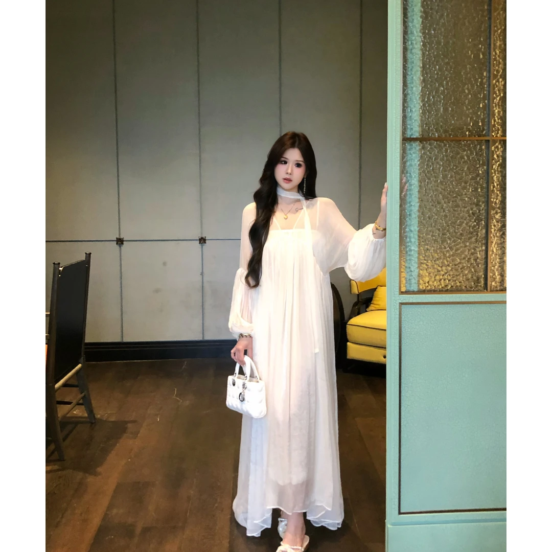 李潇洒【听风吟】微胖夏仙女风琉璃纱飘带长裙花苞吊带衬裙两件套