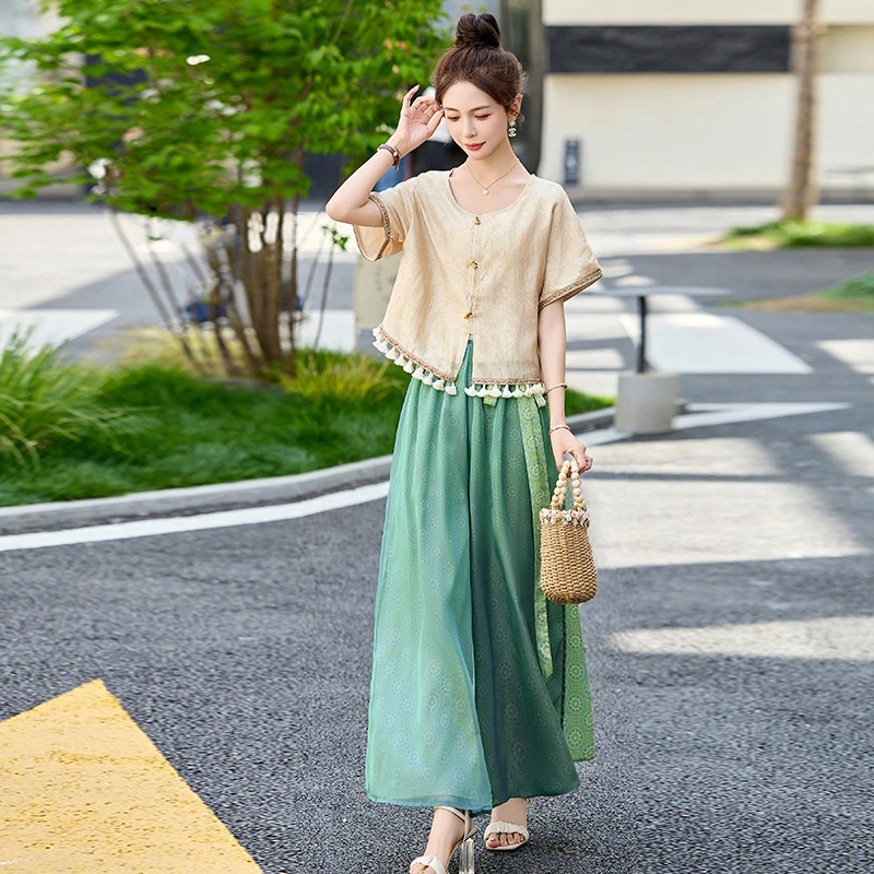 异域风情流苏短袖上衣套装女2025夏季复古国风汉服阔腿裙裤两件套