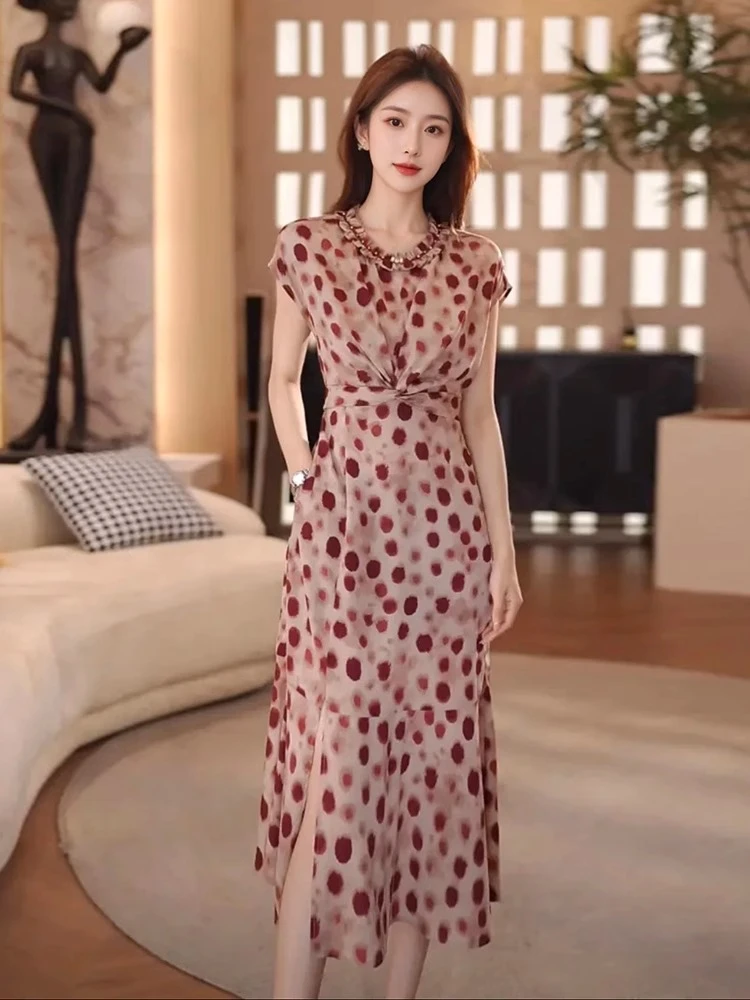 【商场同款】夏新款荷叶领百搭气质红波点无袖连衣裙女150018