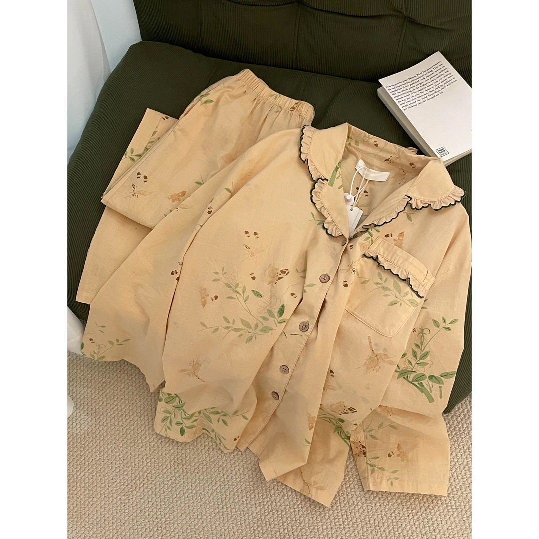 【竹节印花】新中式国风睡衣春秋女款外穿薄款长袖长裤家居服套装