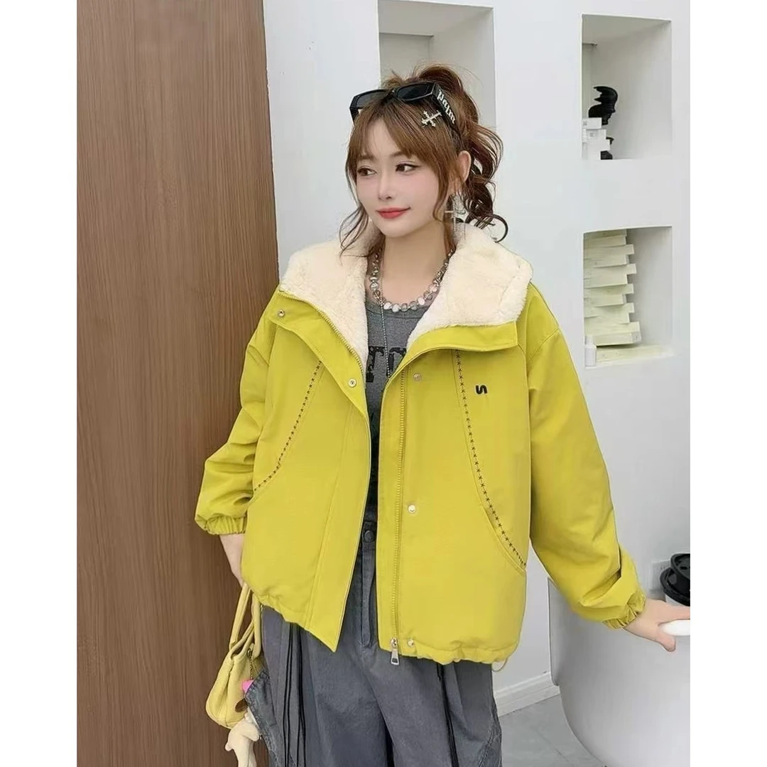 【冬日活力】新款宽松型加厚毛毛纯色连帽百搭短款女装休闲短外套