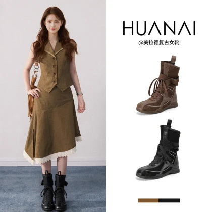华耐拳击靴女复古百搭马丁鞋2025秋季新款休闲运动工装西部短靴子