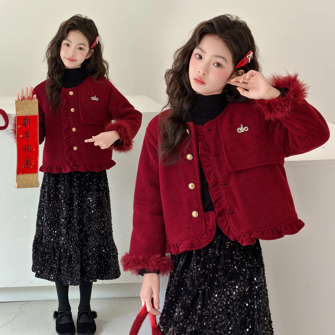 女童小香风年服套装2025冬季新款儿童夹棉外套裙子拜年服三件套潮