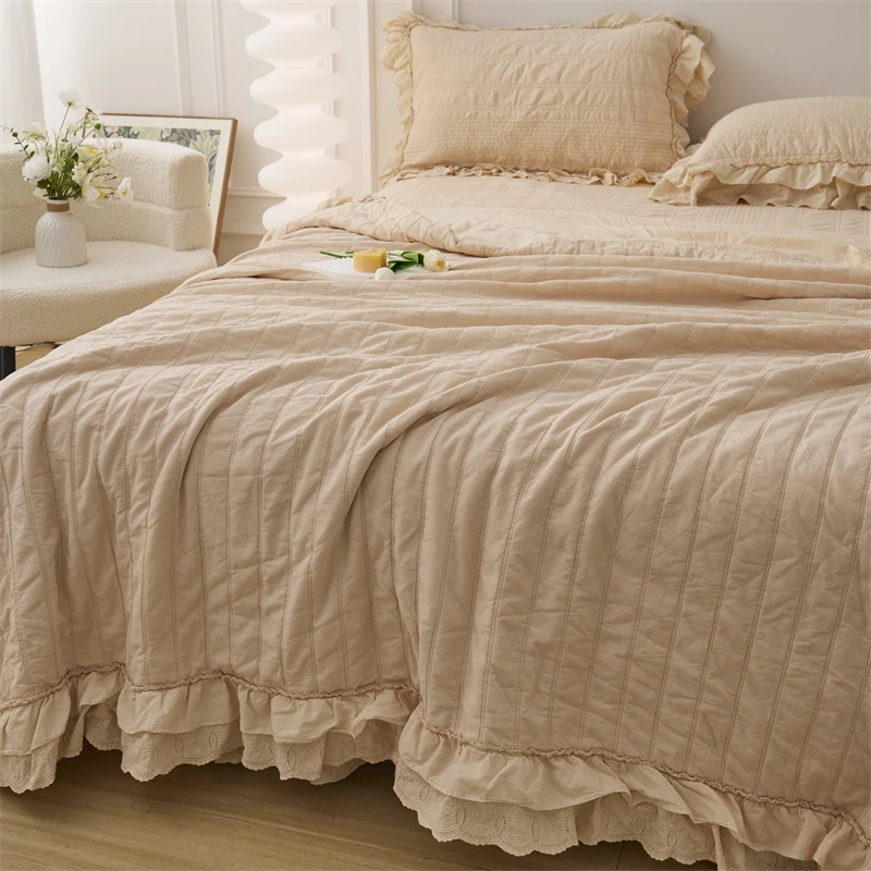 出口韩国尾单80支全棉砂洗双面床盖纯色三件套多功能夏被四件套