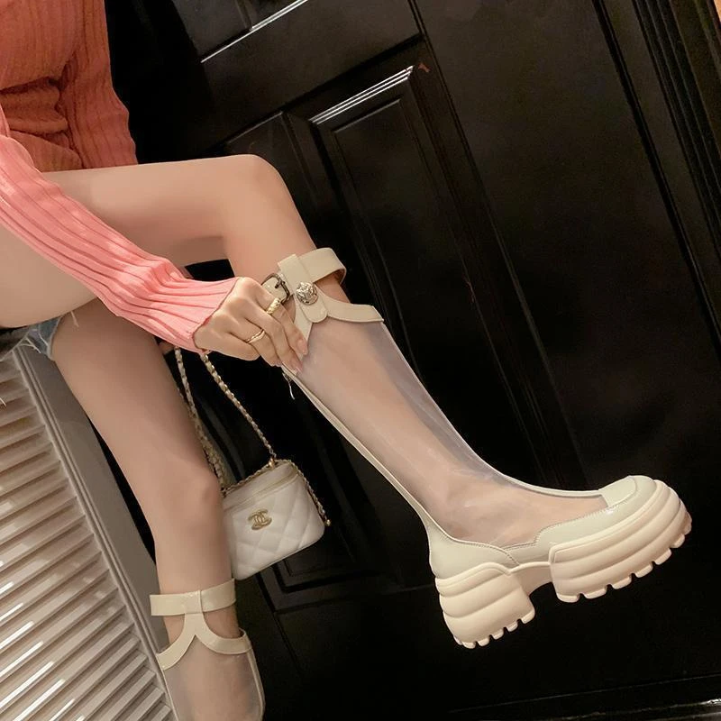 夏季长筒2025厚底透气高筒靴米白色网靴凉靴松糕长靴子薄款女镂空