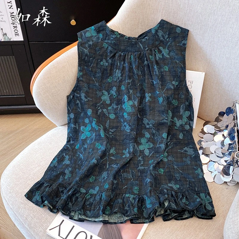 复古圆领无袖碎花衬衫背心女装夏季新款别致漂亮小衫宽松显瘦上衣