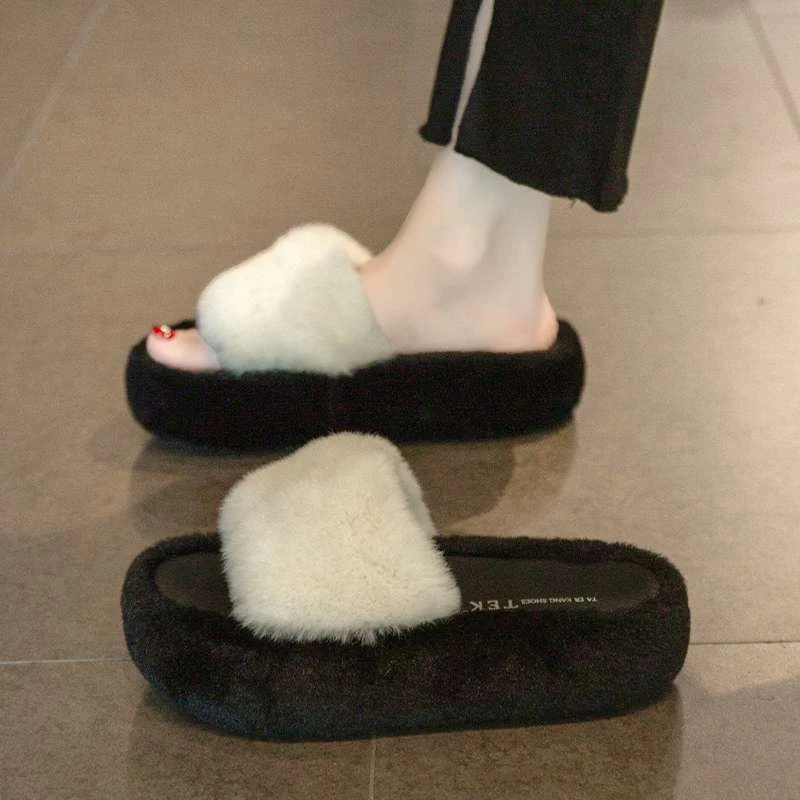 万达撤柜兔毛绒网红毛毛拖鞋女2025新款秋冬外穿毛毛鞋厚底家居棉