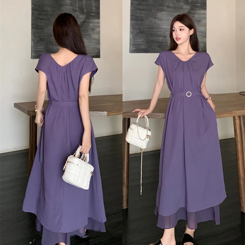 大码女装2025韩版简约V领插肩袖连衣裙收腰显瘦配腰带长裙