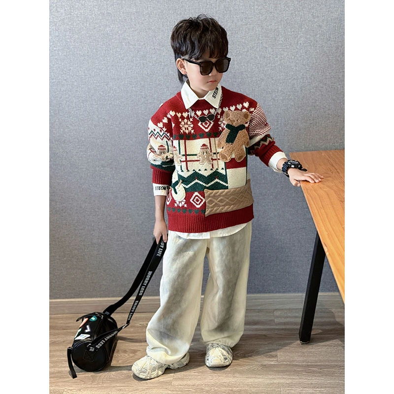 男童冬季新款个性撞色圣诞姜饼人提花针织衫中大童红色年服毛衣