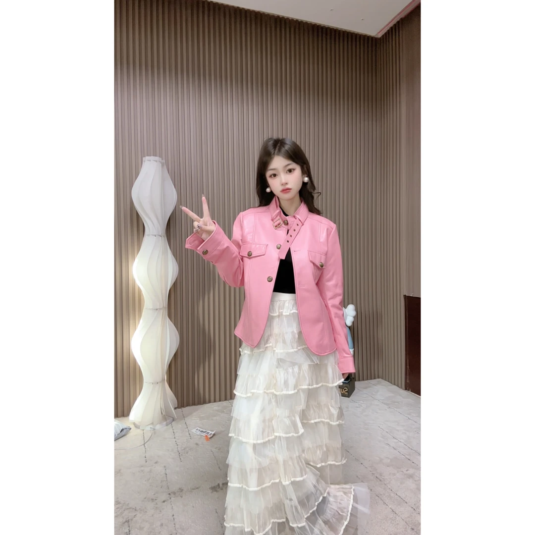 辣妹皮衣外套女2025新款糖果色修身显瘦不规则短款百搭夹克上衣