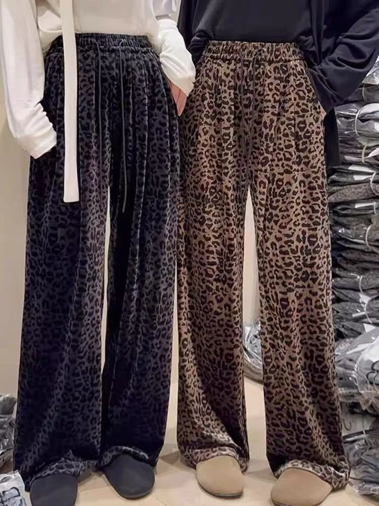 美式复古豹纹丝绒松紧腰休闲拖地长裤 22233