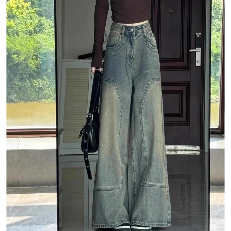 美式复古阔腿牛仔裤女2025春季新款设计感口袋宽松百搭直筒长裤子