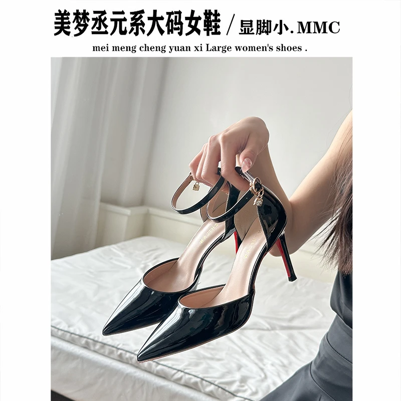 法式尖头细跟高跟鞋女中空一字扣带漆皮性感气质凉鞋胖脚宽脚女鞋