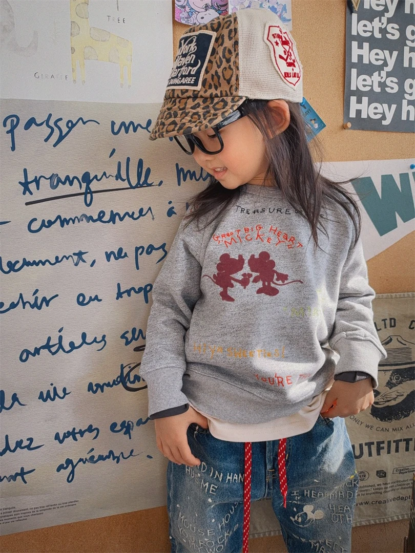 【一彩妈】25 儿童米老鼠贴布植绒中古款卫衣 双色可选 日系潮牌