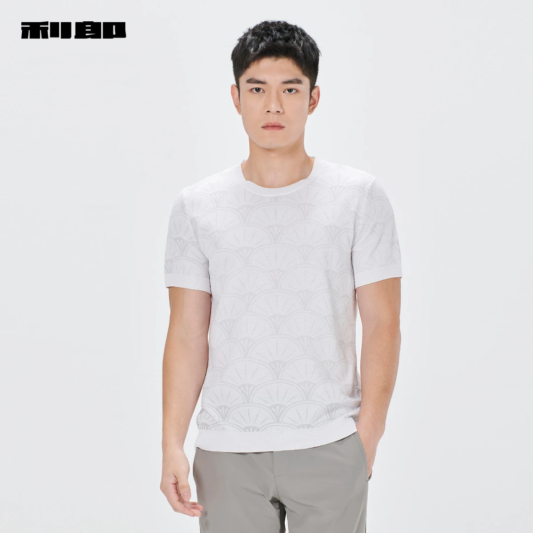 利郎官方 短袖T恤男士圆领2025夏季新款印花修身弹力针织衫上衣男