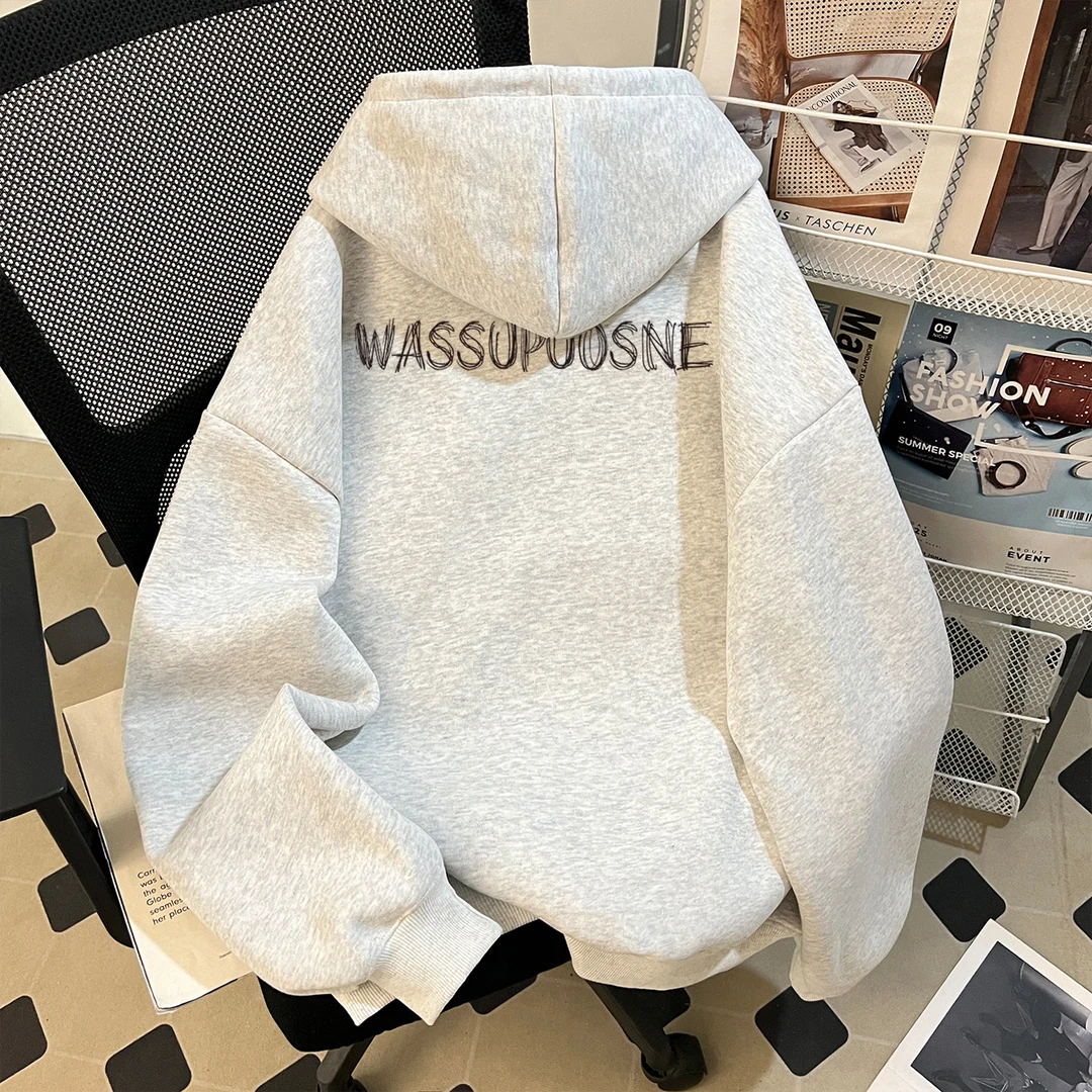 WASSUP UOSNE男生秋冬加绒加厚连帽卫衣潮牌痞帅美式复古长袖外套