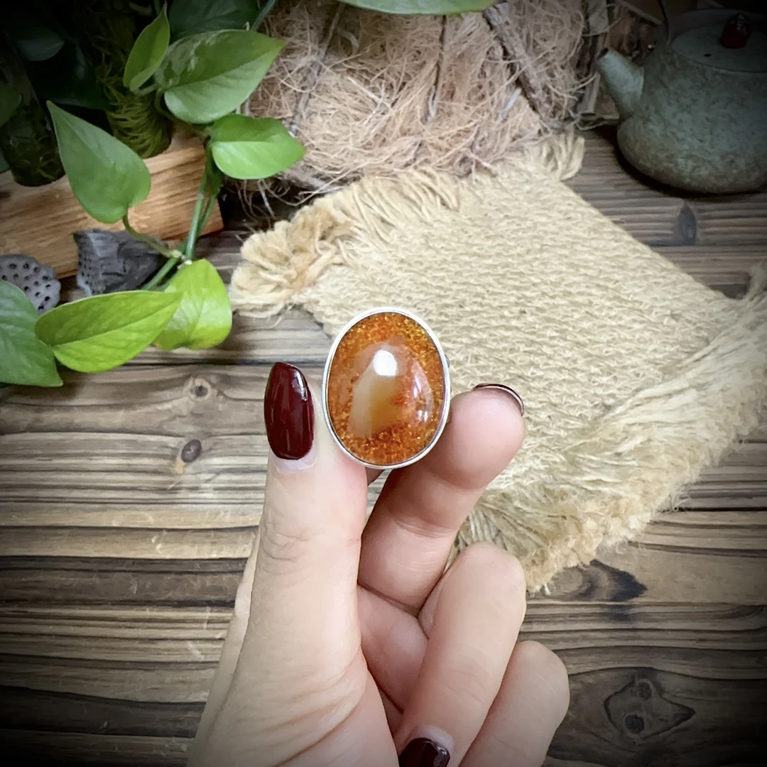 【古香古色】复古s925银蜜蜡琥珀戒指（开口可调节）