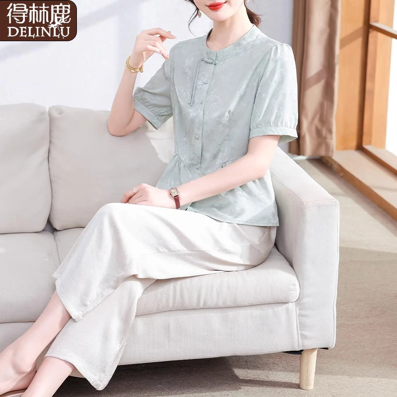 新中式妈妈装夏季短袖t恤套装洋气中老年女装2025端庄大气上衣服