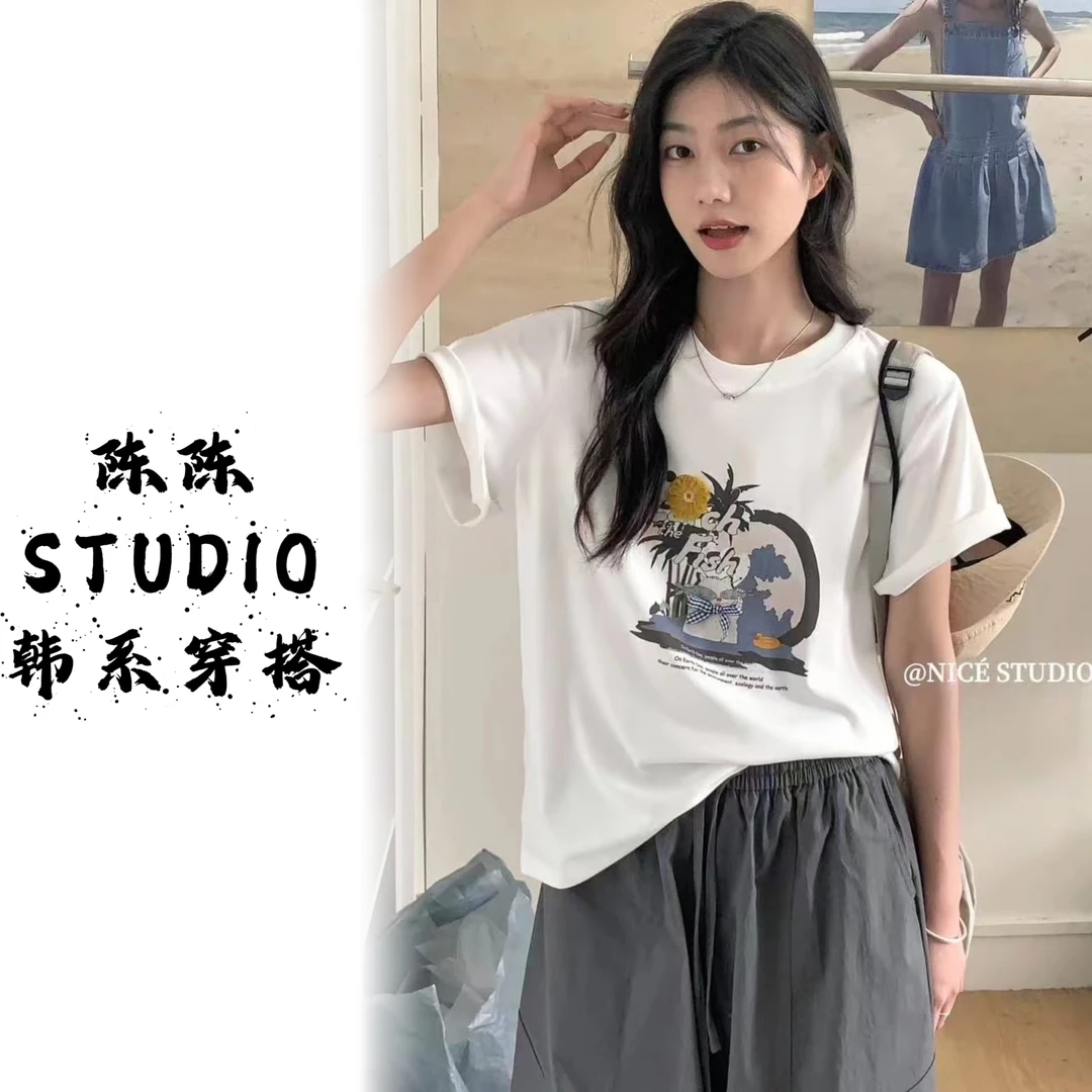 韩系ins时尚百搭显瘦短袖T恤女潮卡通圆趣味涂鱼眼镜小猫咪