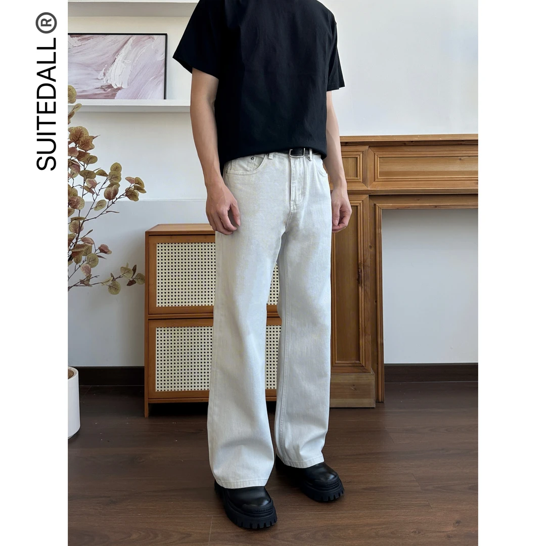 SUITEDALL"2021M"水泥骨白牛仔裤纯棉宽松直筒微喇叭休闲百搭长裤