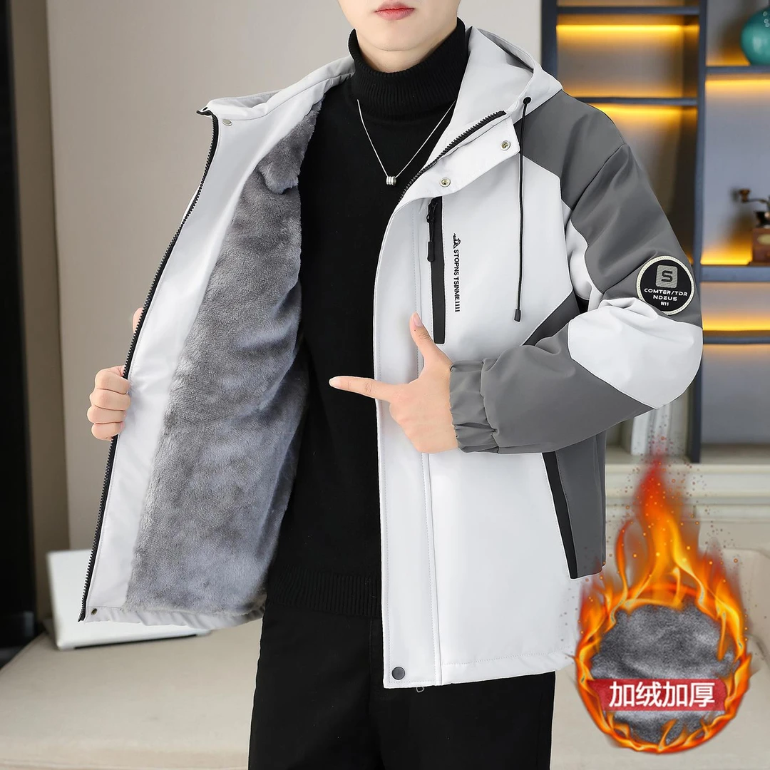 潮流拼色男士棉衣外套男款秋冬款新款加厚加绒保暖连帽休闲棉服男