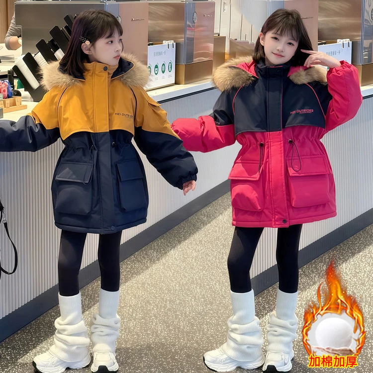 女童秋冬加绒加厚派克服中大童女孩网红棉服连帽拼色棉衣保暖棉袄