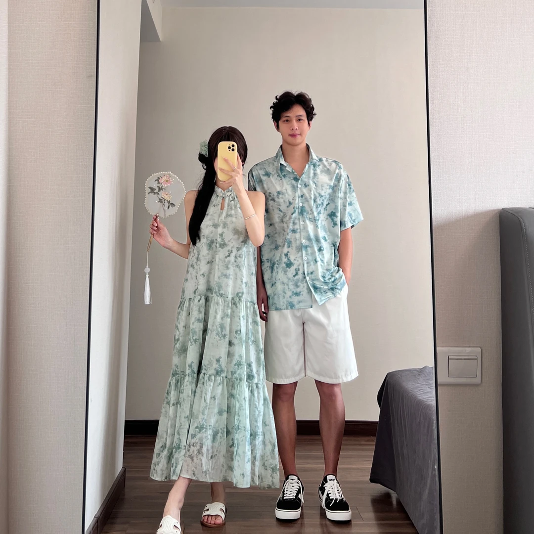 情侣装夏季新中式无袖挂脖宽松连衣裙吊带绿色碎花男衬衫一裙一衣