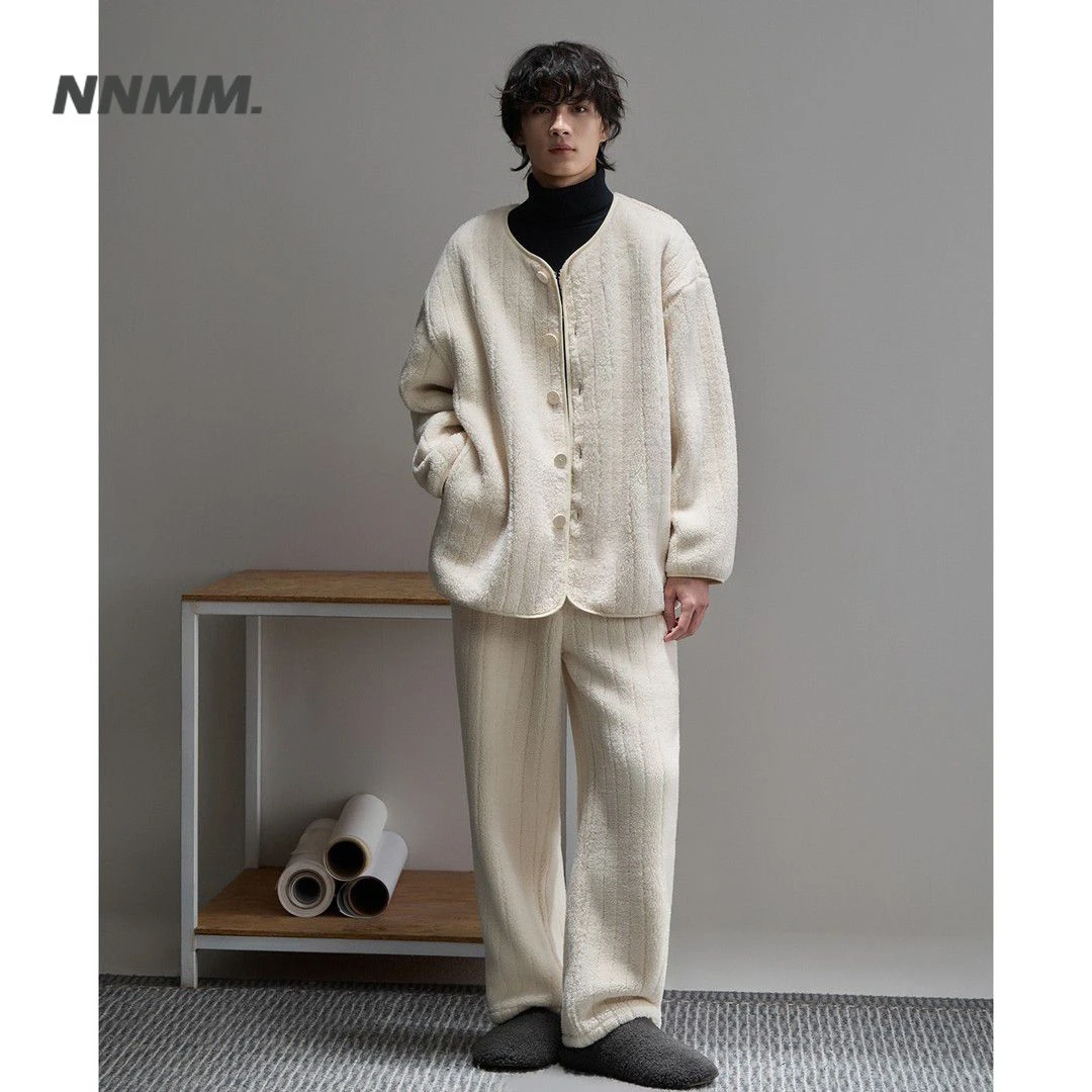 珊瑚绒高级慵懒感圆领休闲套装男士冬季加厚法兰绒舒适款情侣睡衣