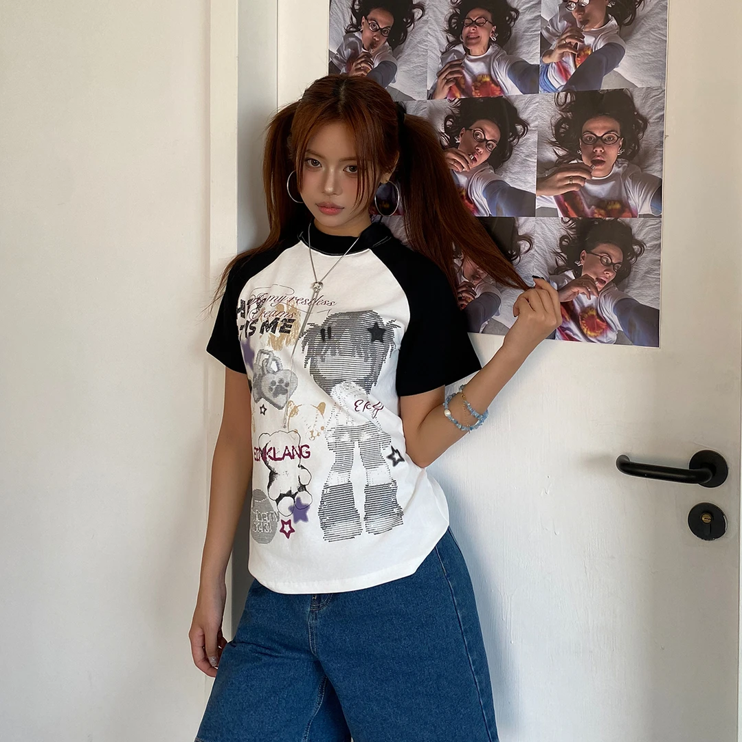 WILDPINE美式复古鬼马童卡通撞色短袖T恤女夏季y2k修身短款上衣