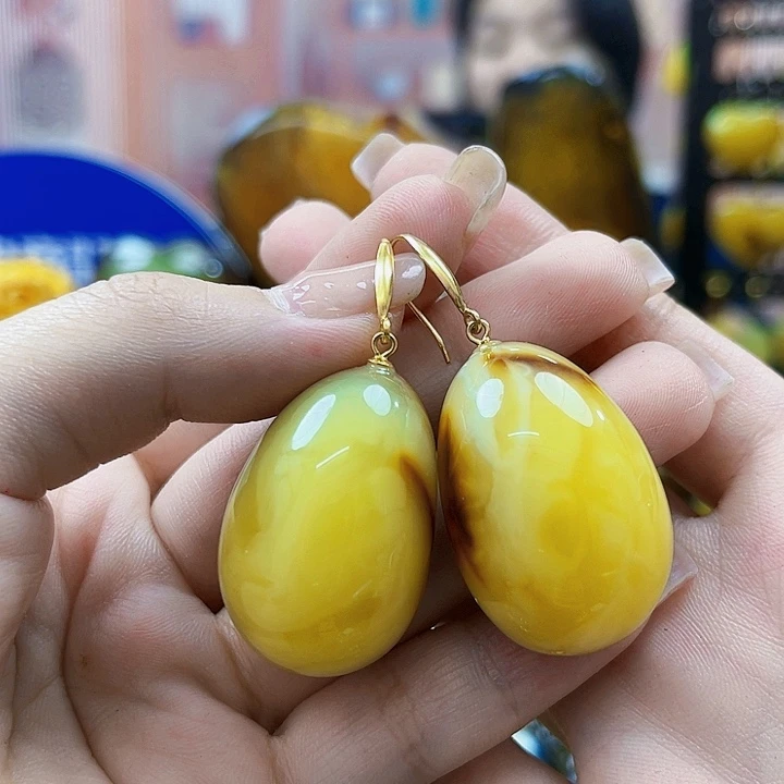 蜜蜡银S925镶嵌裸石耳环