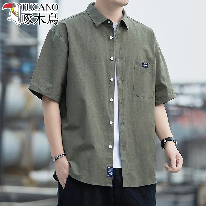 啄木鸟短袖衬衫男士2025新款夏季薄款宽松休闲衬衣男装工装外套潮