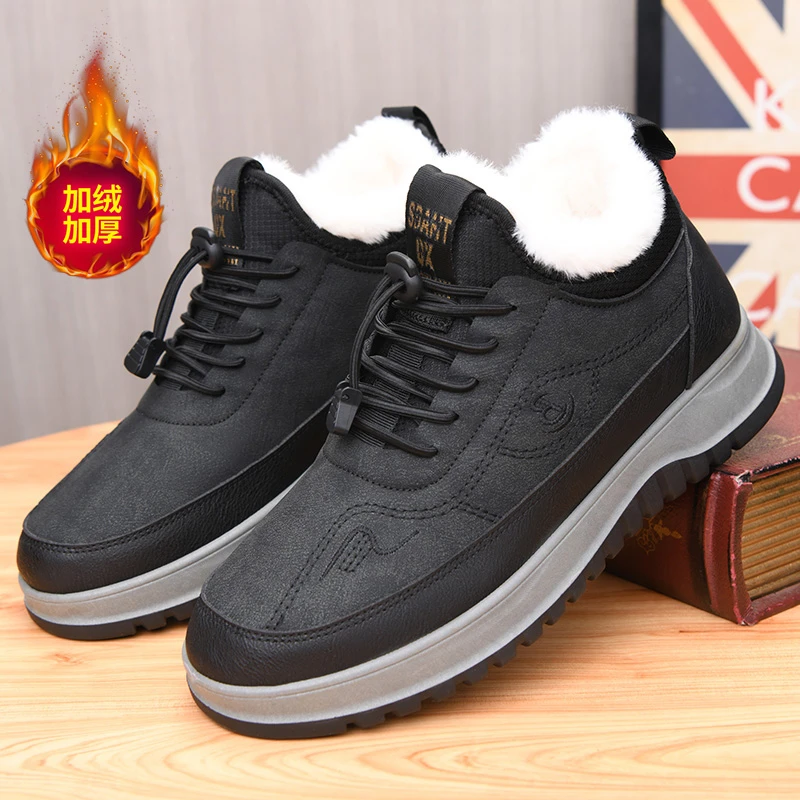 冬季加绒加厚棉鞋爸爸鞋防水防滑中老年雪地靴舒适软底一脚蹬棉鞋