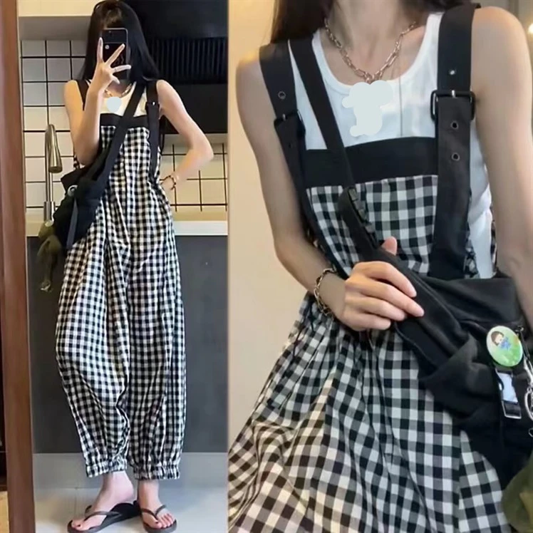 2025爆款夏季孕妇装女简约格子背带裤宽松显瘦背心上衣两件套夏装