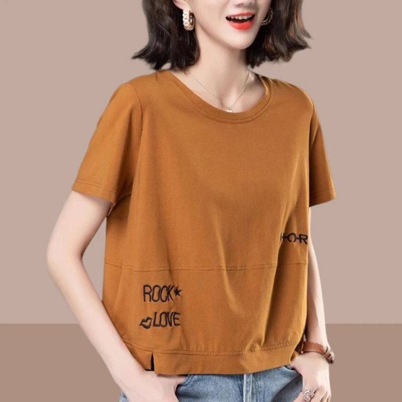 设计感字母圆领短袖T恤女2025年夏季新款妈妈装别致圆领短款上衣