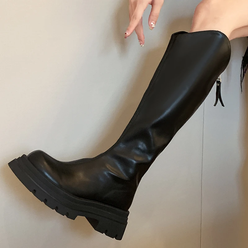 贾不假长筒靴女2025新款秋冬厚底靴子时尚百搭粗跟小个子瘦瘦靴