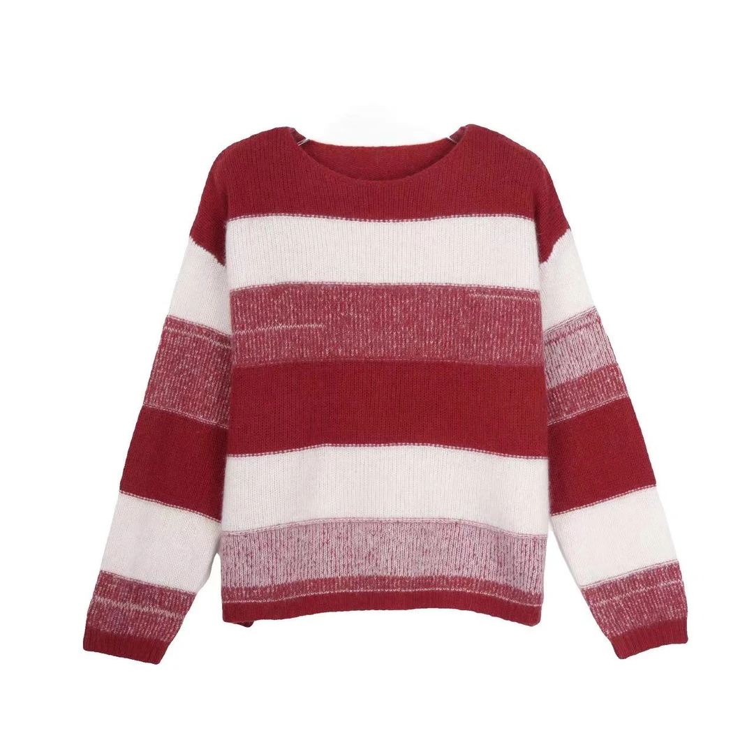 CHUANBAI 冬新款 高级时尚圆领撞色条纹宽松针织套头衫