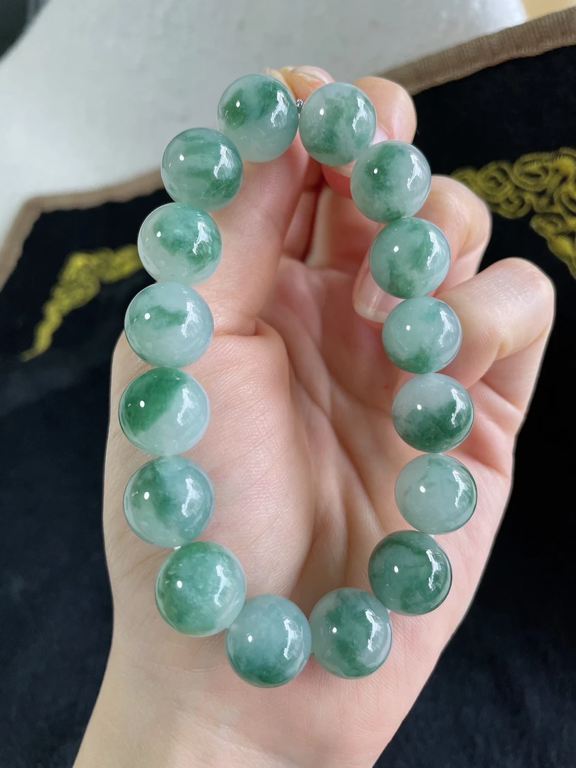 天然翡翠A货冰种飘绿飘花灵动圆珠手串手链卡12.5mm-2848缅甸玉石