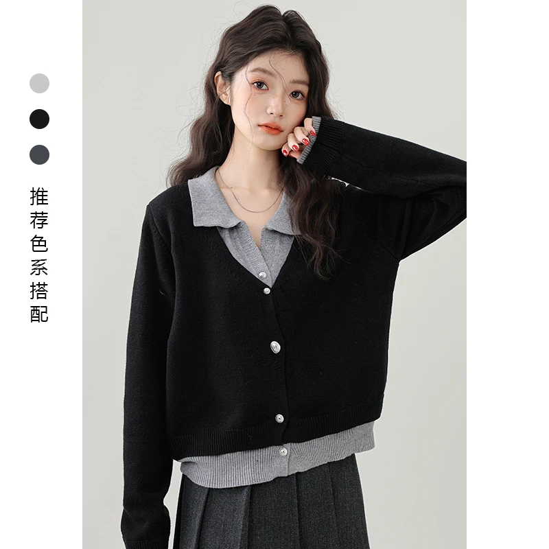 2025春秋新款学院风polo领假两件针织开衫女宽松小个子短款上衣潮