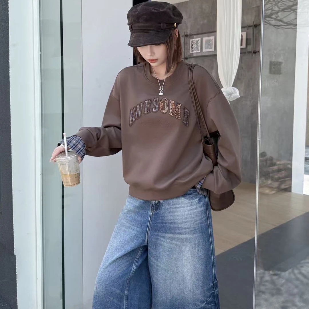 【云云精选】1609 秋季拼格子袖圆领卫衣百搭