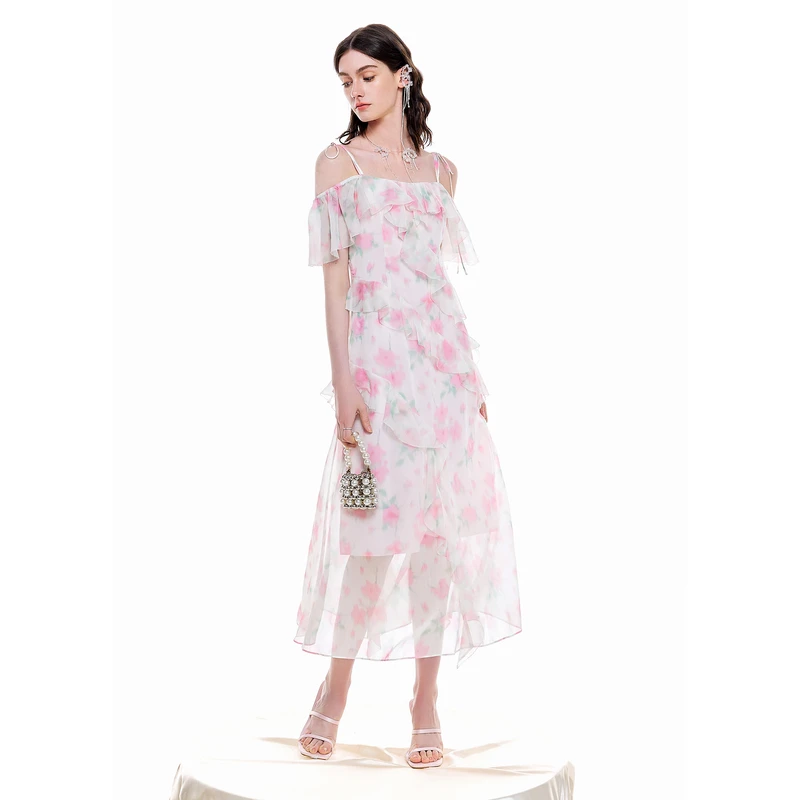 MISSCOCOON夏浪漫樱花荷叶边雪纺连衣裙0136