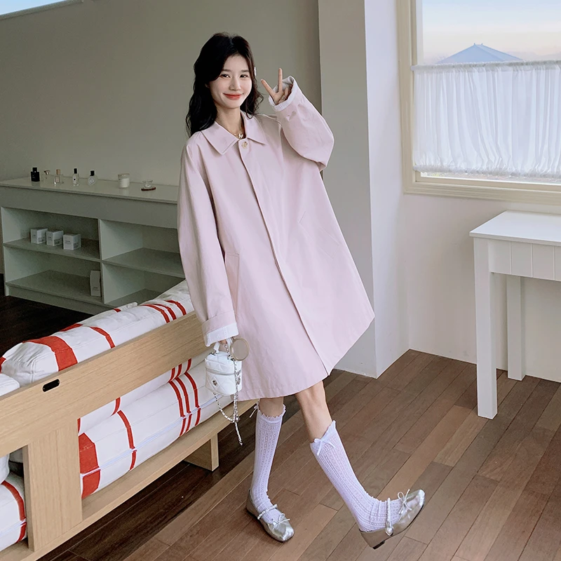 粉色小个子高级感风衣外套女2025早春新款流行廓形中长款过膝大衣