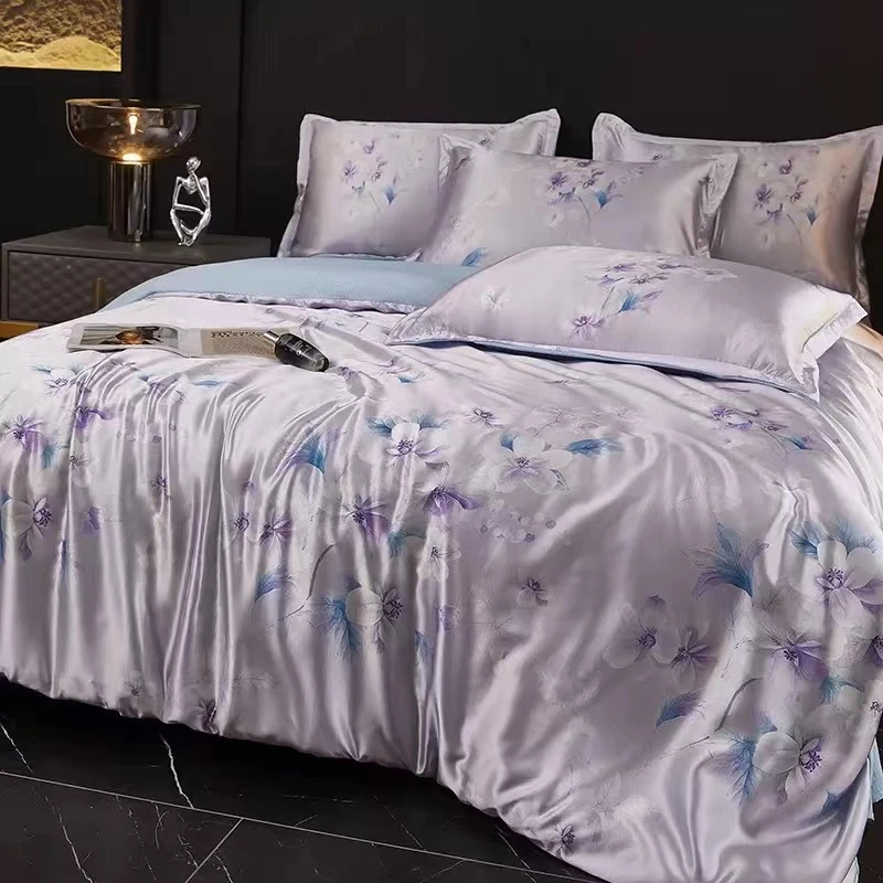 2025春夏轻奢风印花四件套床品套件紫韵蓝调云锦缎可机洗水洗套件