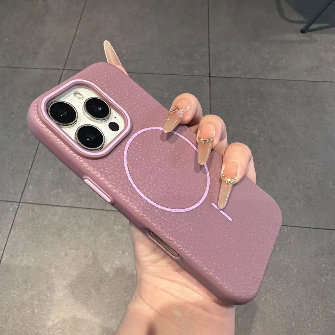 高级荔枝纹磁吸防指纹适用苹果多款机型手机壳简约防摔手机套全包