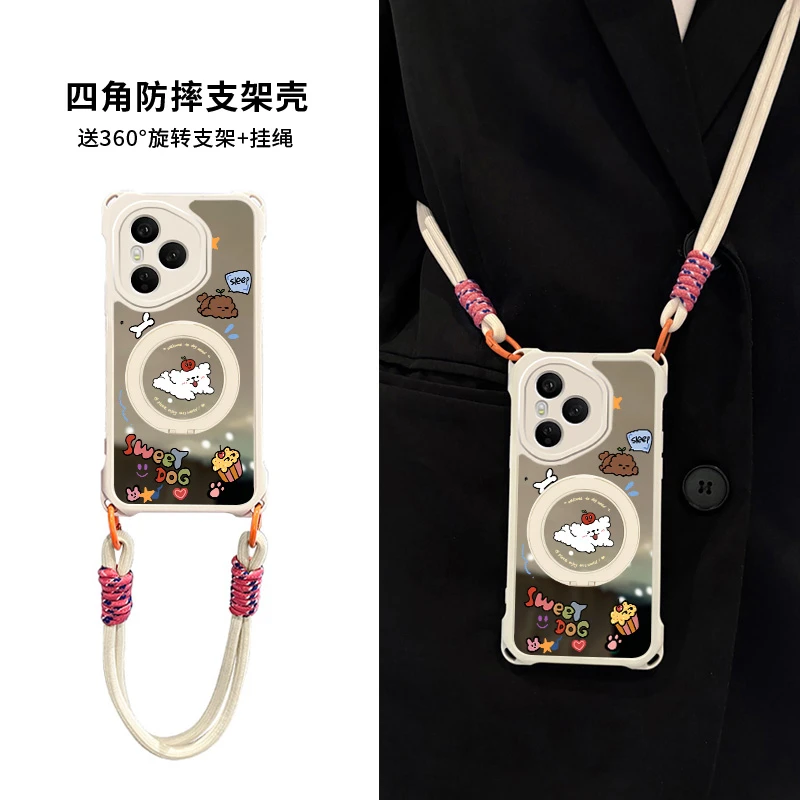 适用荣耀400pro手机壳新款带支架400保护套华为300网红镜子带挂绳